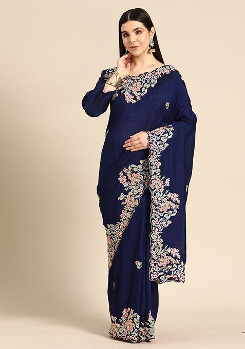 Blue Vichitra Silk Saree With Blouse