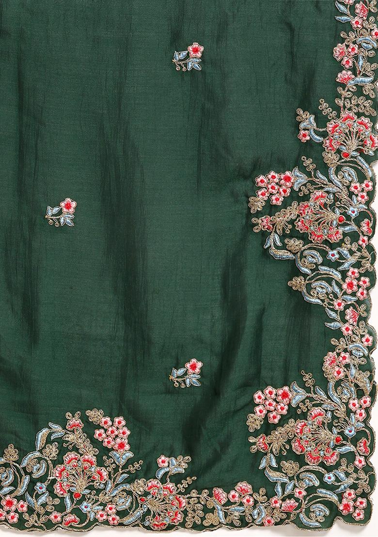 Green Vichitra Silk Saree With Blouse - Indya