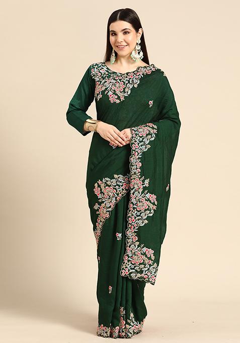 Green Vichitra Silk Saree With Blouse