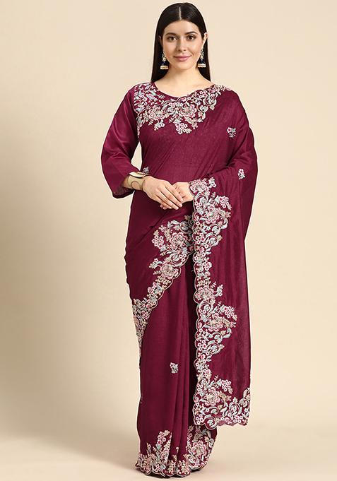 Purple Vichitra Silk Saree With Blouse