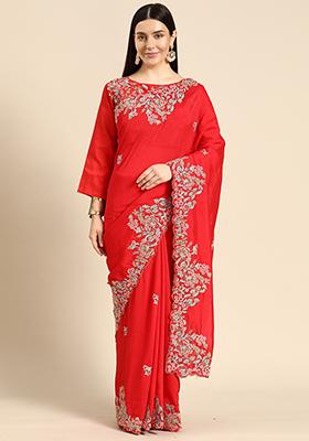 Red Vichitra Silk Saree With Blouse