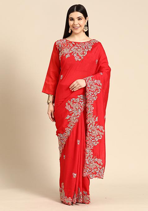 Red Vichitra Silk Saree With Blouse