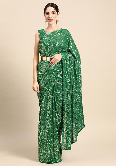 Light Green Georgette Sequin Saree With Blouse
