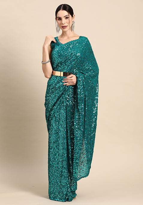 Turquoise Blue Georgette Sequin Saree With Blouse