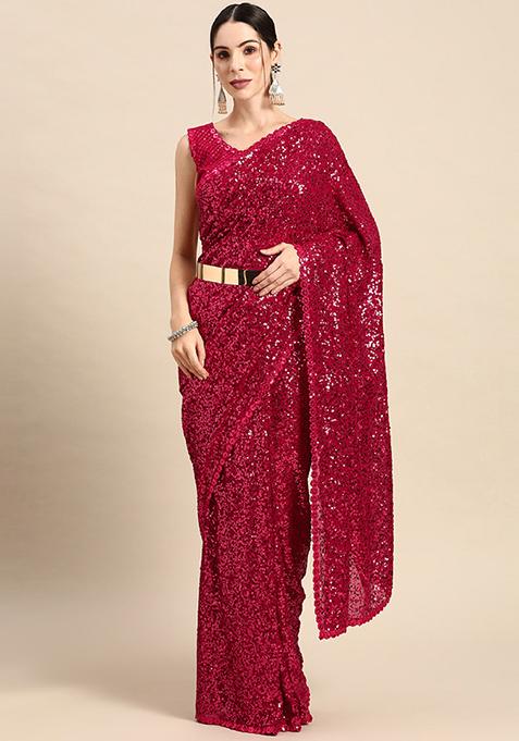 Pink Georgette Sequin Saree With Blouse