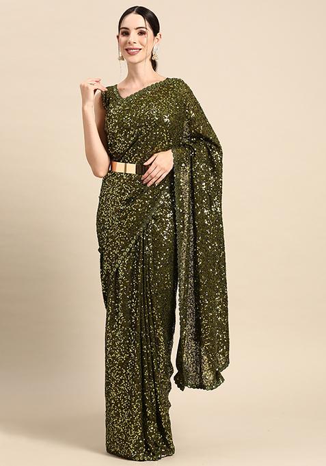 Olive Georgette Sequin Saree With Blouse