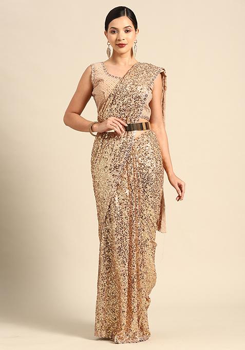 Beige Georgette Sequin Saree With Blouse