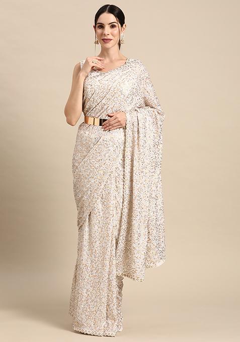 White Georgette Sequin Saree With Blouse