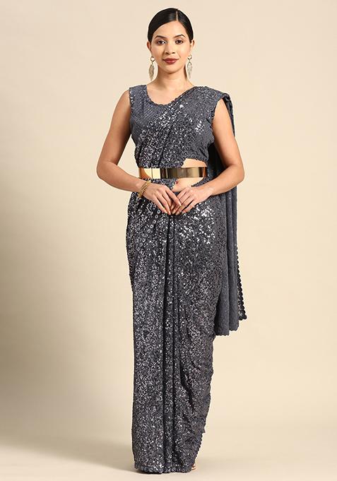 Grey Georgette Sequin Saree With Blouse