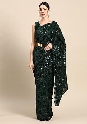 Dark Green Georgette Sequin Saree With Blouse