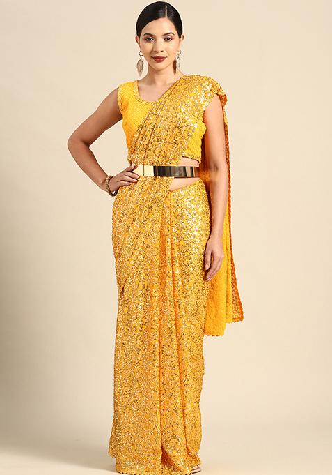 Yellow Georgette Sequin Saree With Blouse