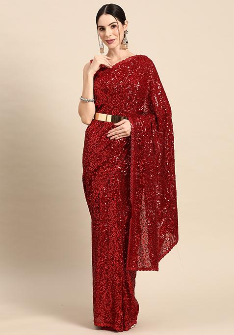 Red Georgette Sequin Saree With Blouse