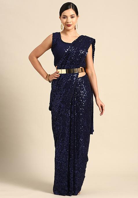 Blue Georgette Sequin Saree With Blouse