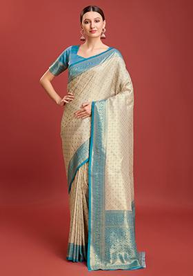 Sky Blue Zari Embroidered Kanjivaram Silk Saree With Blouse