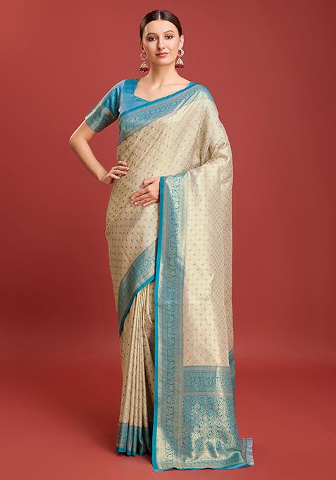 Sky Blue Zari Embroidered Kanjivaram Silk Saree With Blouse