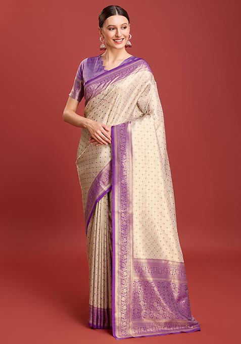 Lavender Zari Embroidered Kanjivaram Silk Saree With Blouse