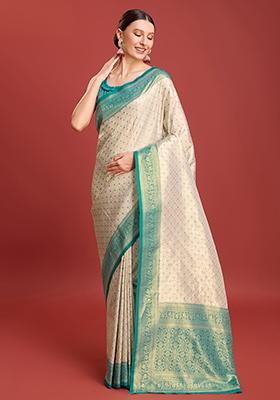 Turquoise Zari Embroidered Kanjivaram Silk Saree With Blouse