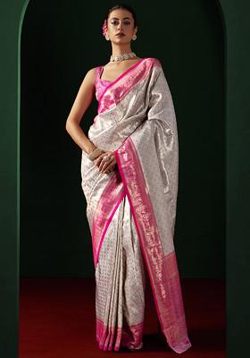 Pink Zari Embroidered Kanjivaram Silk Saree With Blouse