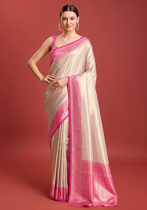 Pink Zari Embroidered Kanjivaram Silk Saree With Blouse