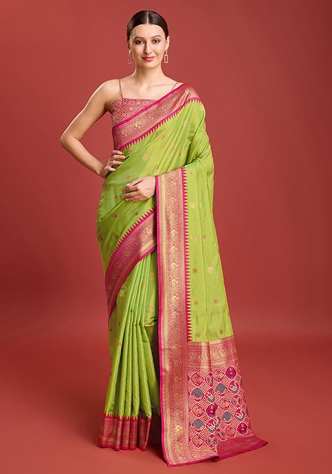 Parrot Green Zari Embroidered Banarasi Tissue Silk Saree With Blouse