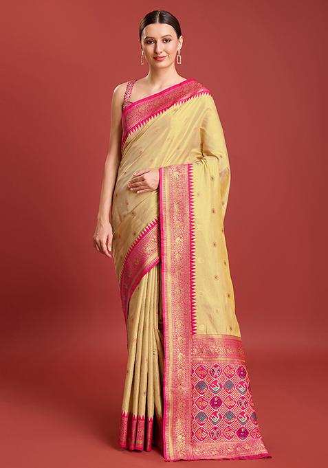 Beige Zari Embroidered Woven Banarasi Tissue Silk Saree With Blouse