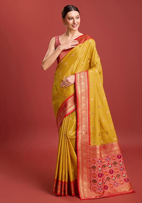 Mustard Zari Embroidered Woven Banarasi Tissue Silk Saree With Blouse