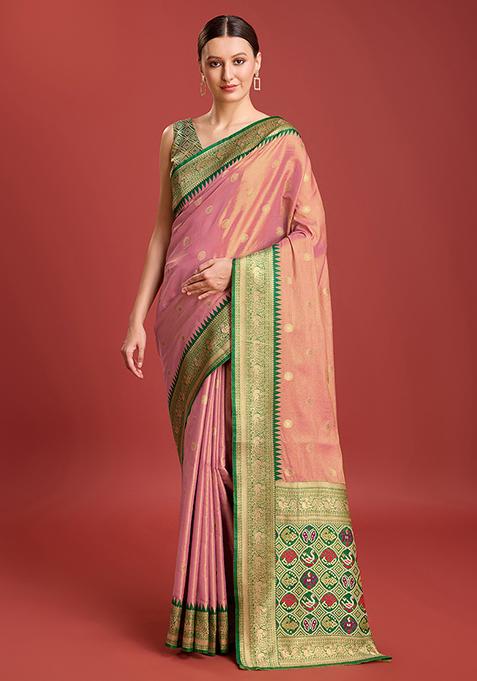Rose Pink Zari Embroidered Woven Banarasi Tissue Silk Saree With Blouse