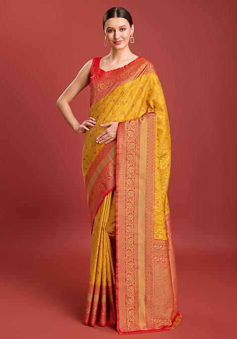 Mustard Zari Embroidered Banarasi Tissue Silk Saree With Blouse