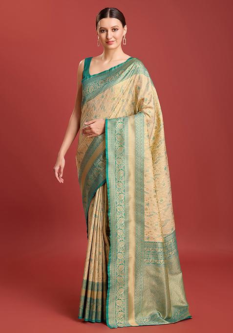 Beige Zari Embroidered Banarasi Tissue Silk Saree With Blouse