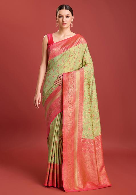 Green Zari Embroidered Banarasi Tissue Silk Saree With Blouse