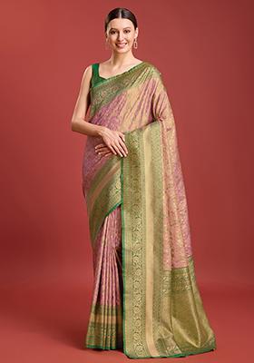 Rose Pink Zari Embroidered Banarasi Tissue Silk Saree With Blouse