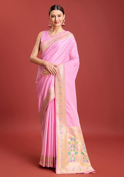 Light Pink Zari Embroidered Paithani Satin Silk Saree With Blouse