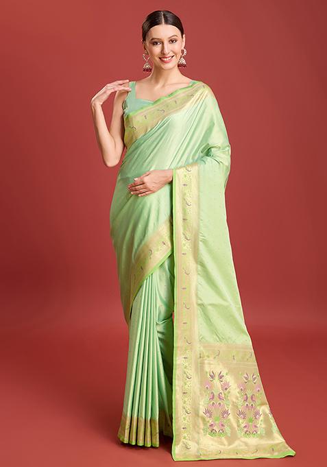 Light Green Zari Embroidered Paithani Satin Silk Saree With Blouse