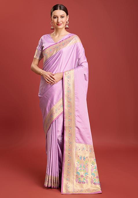 Lavender Zari Embroidered Paithani Satin Silk Saree With Blouse