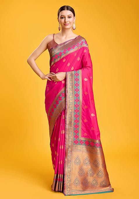 Rani Pink Zari Embroidered Banarasi Satin Silk Saree With Blouse