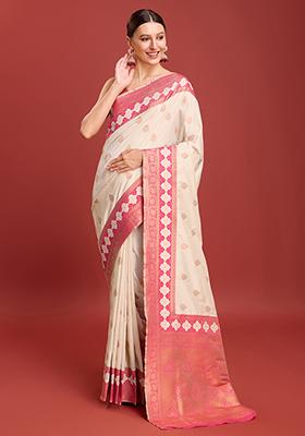 Cream Zari Embroidered Banarasi Satin Silk Saree With Blouse