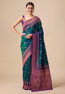 Dark Teal Zari Embroidered Banarasi Satin Silk Saree With Blouse