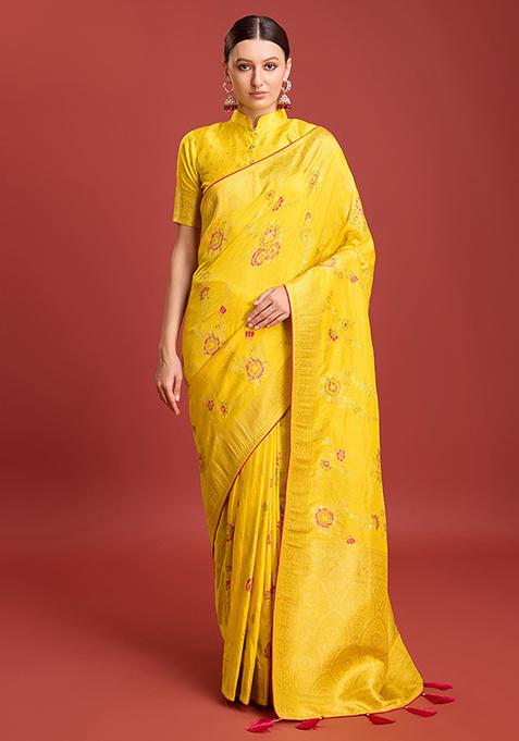 Yellow Zari Embroidered Banarasi Viscose Silk Saree With Blouse