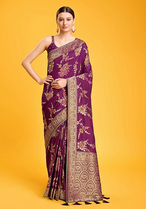 Purple Zari Embroidered Banarasi Viscose Silk Saree With Blouse