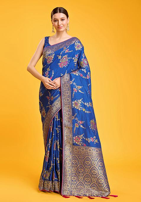 Blue Zari Embroidered Banarasi Viscose Silk Saree With Blouse