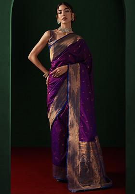 Dark Purple Zari Work Banarasi Silk Saree With Blouse