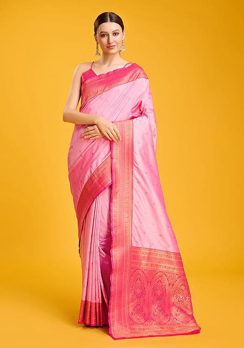Light Pink Zari Embroidered Banarasi Silk Saree With Blouse