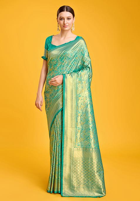 Turquoise Zari Embroidered Banarasi Silk Saree With Blouse