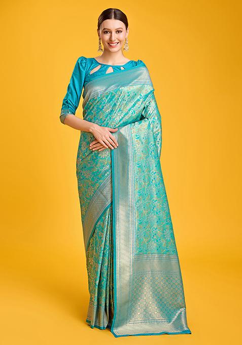 Blue Zari Embroidered Banarasi Silk Saree With Blouse