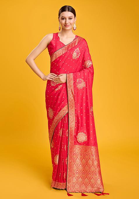 Red Zari Embroidered Banarasi Dola Silk Saree With Blouse