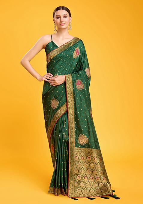 Green Zari Embroidered Banarasi Dola Silk Saree With Blouse