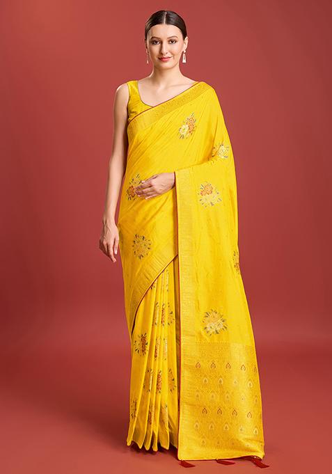 Yellow Zari Embroidered Banarasi Dola Silk Saree With Blouse