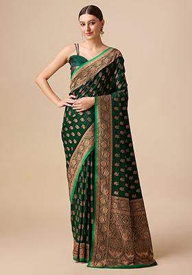 Dark Green Zari Work Banarasi Silk Saree With Blouse