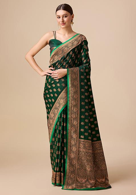 Dark Green Zari Work Banarasi Silk Saree With Blouse