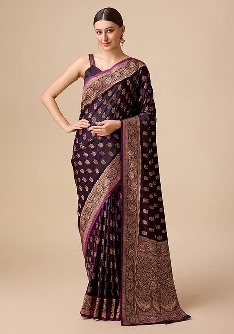 Dark Purple Zari Embroidered Woven Banarasi Silk Saree With Blouse